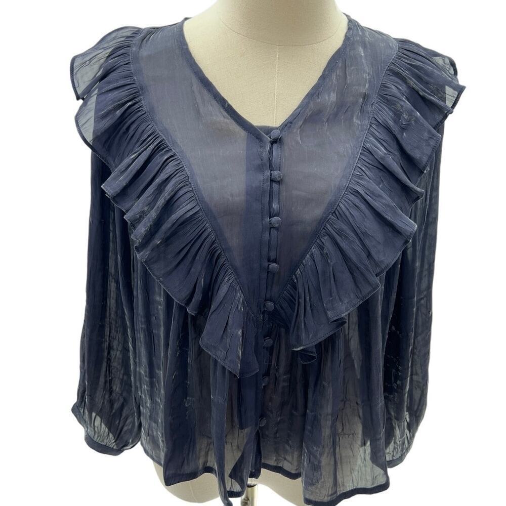 Current Air Navy V-Neck Sheer Button Up Long Sleeve Blouse- XS